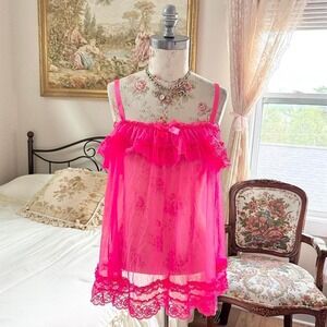 Y2k Victoria's Secret hot pink lace babydoll lingerie dress size medium